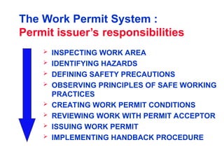 The Work Permit System :
Permit issuer’s responsibilities
 INSPECTING WORK AREA
 IDENTIFYING HAZARDS
 DEFINING SAFETY PRECAUTIONS
 OBSERVING PRINCIPLES OF SAFE WORKING
PRACTICES
 CREATING WORK PERMIT CONDITIONS
 REVIEWING WORK WITH PERMIT ACCEPTOR
 ISSUING WORK PERMIT
 IMPLEMENTING HANDBACK PROCEDURE
 