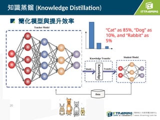 簡化模型與提升效率
知識蒸餾 (Knowledge Distillation)
20
“Cat” as 85%, “Dog” as
10%, and “Rabbit” as
5%
 