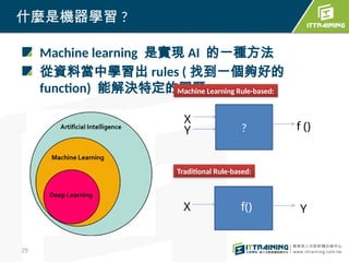 29
Machine learning 是實現 AI 的一種方法
從資料當中學習出 rules ( 找到一個夠好的
function) 能解決特定的問題
什麼是機器學習 ?
?
X
Y f ()
X Y
f()
Machine Learning Rule-based:
Traditional Rule-based:
 