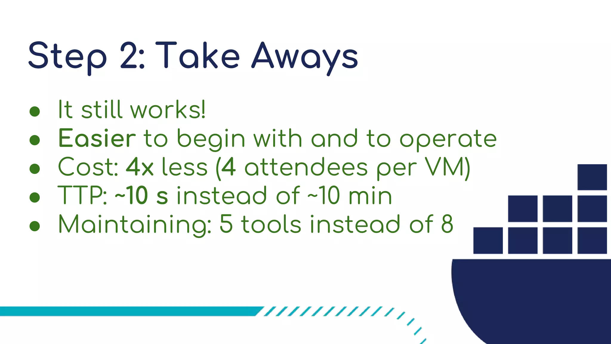 Step 2: Take Aways
● It still works!
● Easier to begin with and to operate
● Cost: 4x less (4 attendees per VM)
● TTP: ~10 s instead of ~10 min
● Maintaining: 5 tools instead of 8
 