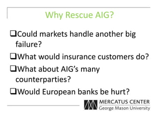 Why Rescue AIG?
Could markets handle another big
failure?
What would insurance customers do?
What about AIG’s many
counterparties?
Would European banks be hurt?
 