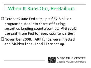 When It Runs Out, Re-Bailout
October 2008: Fed sets up a $37.8 billion
program to step into shoes of fleeing
securities lending counterparties. AIG could
use cash from Fed to repay counterparties.
November 2008: TARP funds were injected
and Maiden Lane II and III are set up.
 