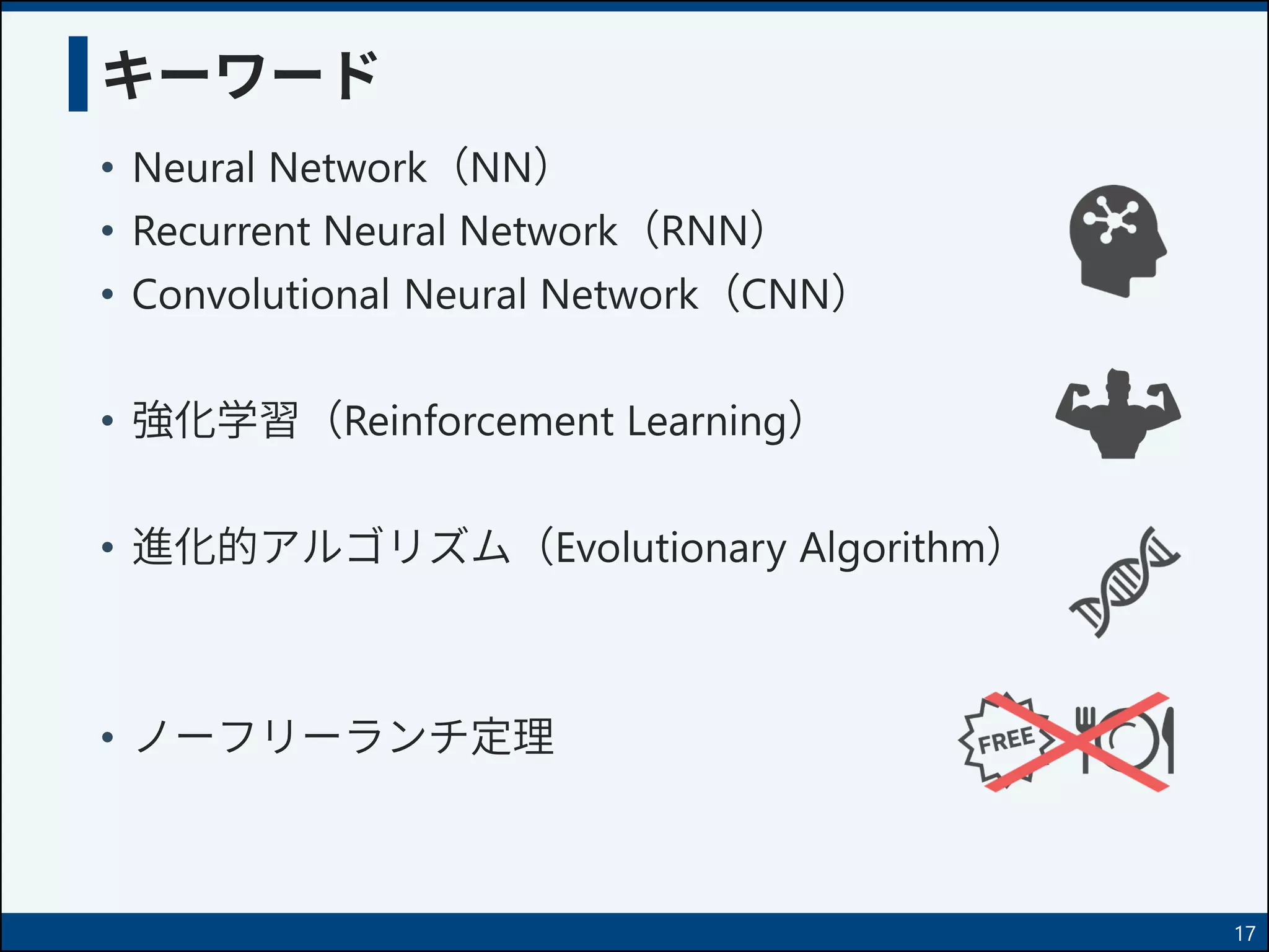 キーワード
• Neural Network（NN）
• Recurrent Neural Network（RNN）
• Convolutional Neural Network（CNN）
• 強化学習（Reinforcement Learning）
• 進化的アルゴリズム（Evolutionary Algorithm）
• ノーフリーランチ定理
17
 