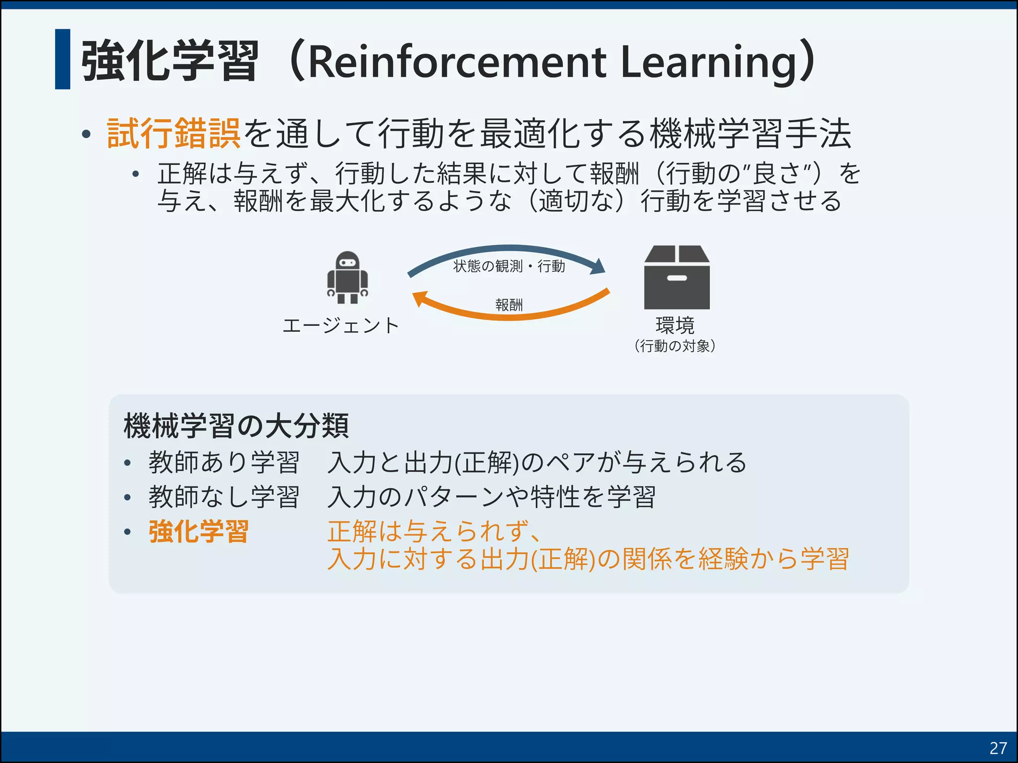 • 試行錯誤を通して行動を最適化する機械学習手法
• 正解は与えず、行動した結果に対して報酬（行動の”良さ”）を
与え、報酬を最大化するような（適切な）行動を学習させる
機械学習の大分類
• 教師あり学習 入力と出力(正解)のペアが与えられる
• 教師なし学習 入力のパターンや特性を学習
• 強化学習 正解は与えられず、
入力に対する出力(正解)の関係を経験から学習
強化学習（Reinforcement Learning）
27
環境
（行動の対象）
状態の観測・行動
報酬
エージェント
 