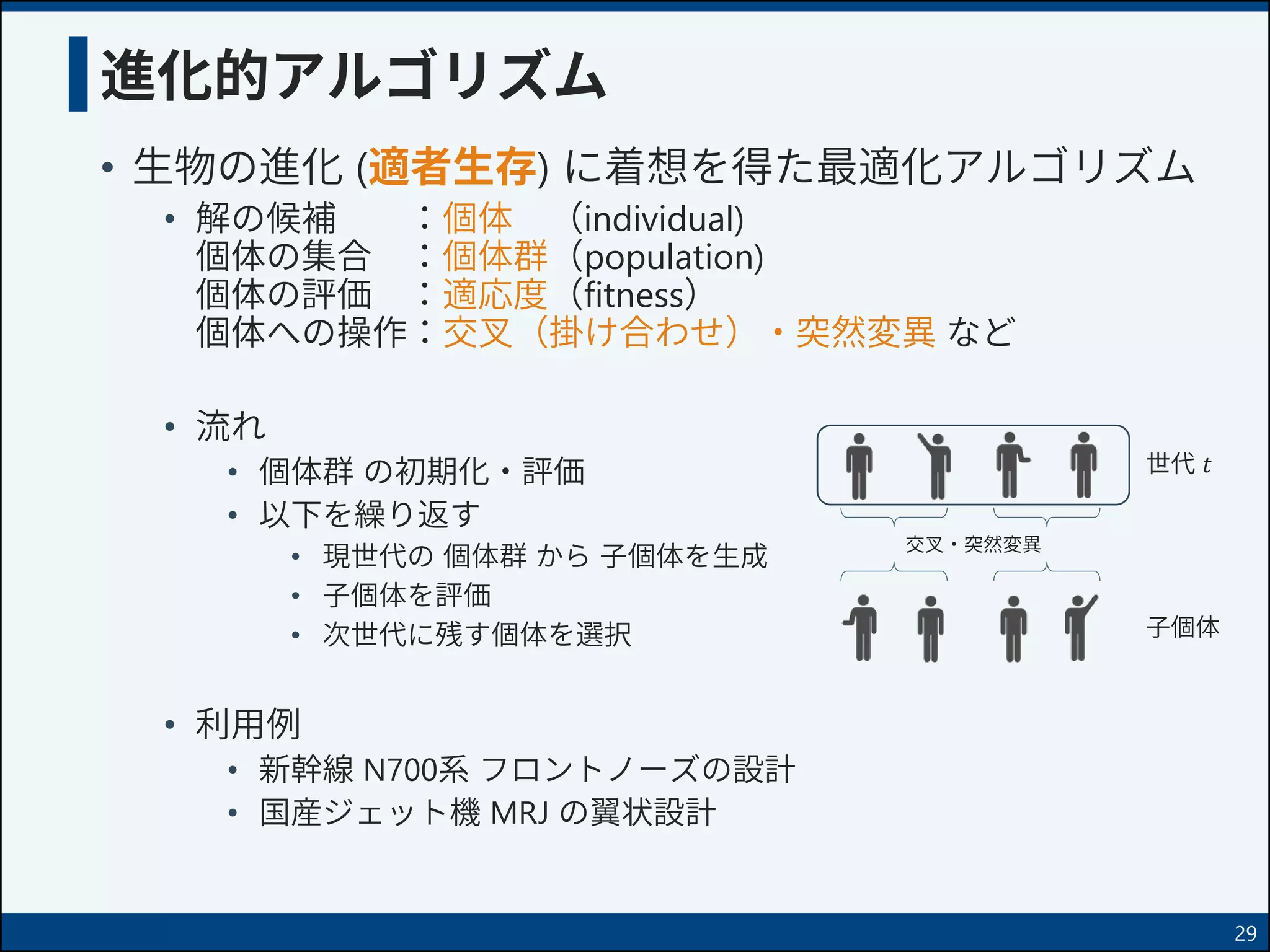 進化的アルゴリズム
• 生物の進化 (適者生存) に着想を得た最適化アルゴリズム
• 解の候補 ：個体 （individual)
個体の集合 ：個体群（population)
個体の評価 ：適応度（fitness）
個体への操作：交叉（掛け合わせ）・突然変異 など
• 流れ
• 個体群 の初期化・評価
• 以下を繰り返す
• 現世代の 個体群 から 子個体を生成
• 子個体を評価
• 次世代に残す個体を選択
• 利用例
• 新幹線 N700系 フロントノーズの設計
• 国産ジェット機 MRJ の翼状設計
29
交叉・突然変異
世代 𝑡
子個体
 