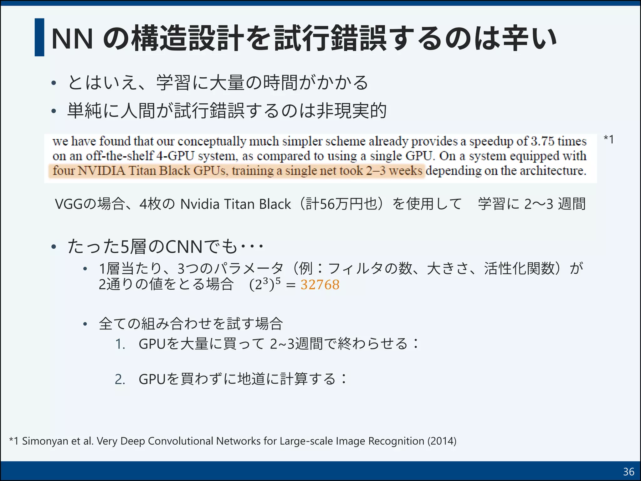 NN の構造設計を試行錯誤するのは辛い
• とはいえ、学習に大量の時間がかかる
• 単純に人間が試行錯誤するのは非現実的
36
VGGの場合、4枚の Nvidia Titan Black（計56万円也）を使用して 学習に 2～3 週間
• たった5層のCNNでも･･･
• 1層当たり、3つのパラメータ（例：フィルタの数、大きさ、活性化関数）が
2通りの値をとる場合 23 5
= 32768
• 全ての組み合わせを試す場合
1. GPUを大量に買って 2~3週間で終わらせる：
2. GPUを買わずに地道に計算する：
*1 Simonyan et al. Very Deep Convolutional Networks for Large-scale Image Recognition (2014)
*1
 