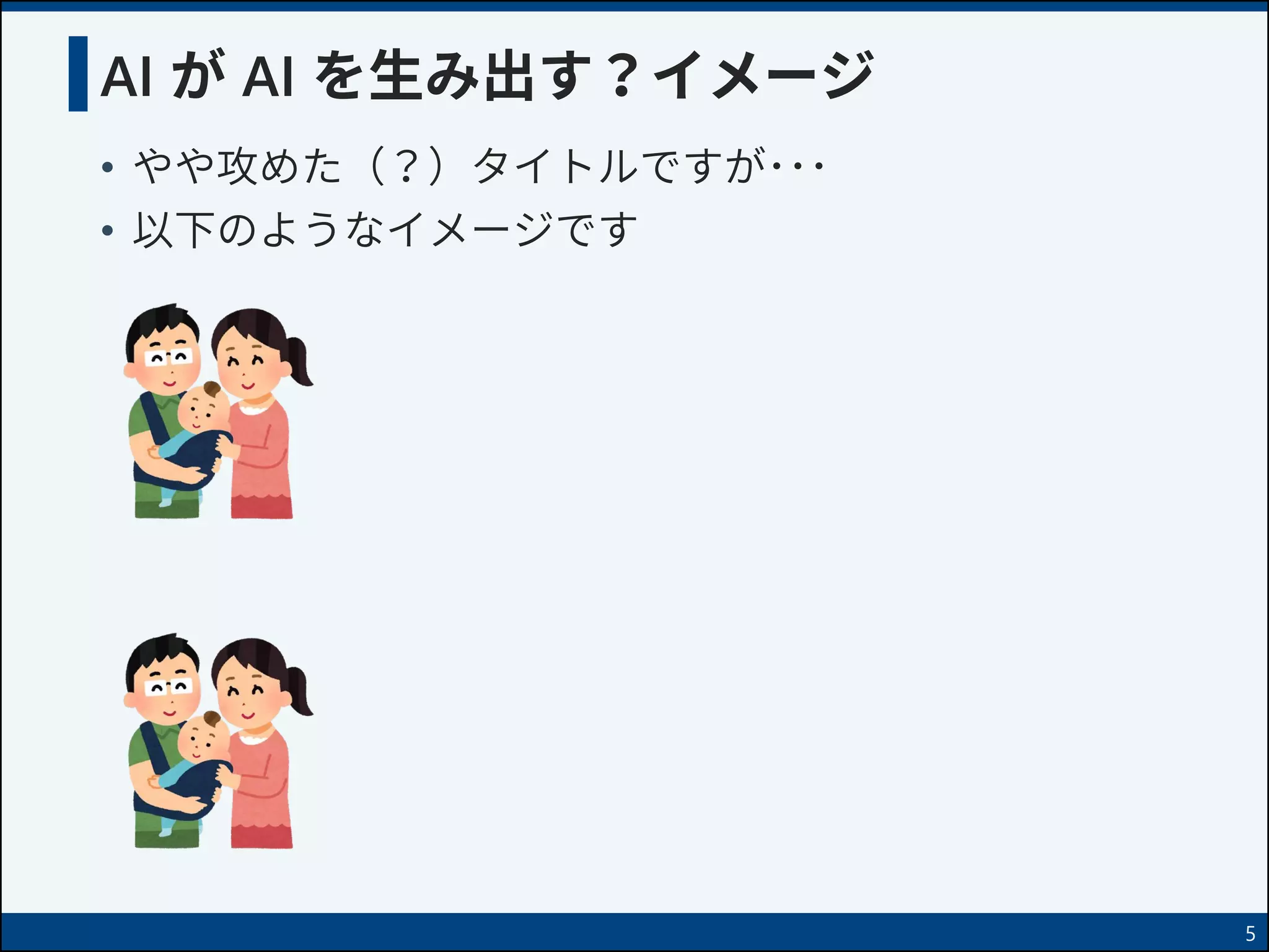 AI が AI を生み出す？イメージ
• やや攻めた（？）タイトルですが･･･
• 以下のようなイメージです
5
 