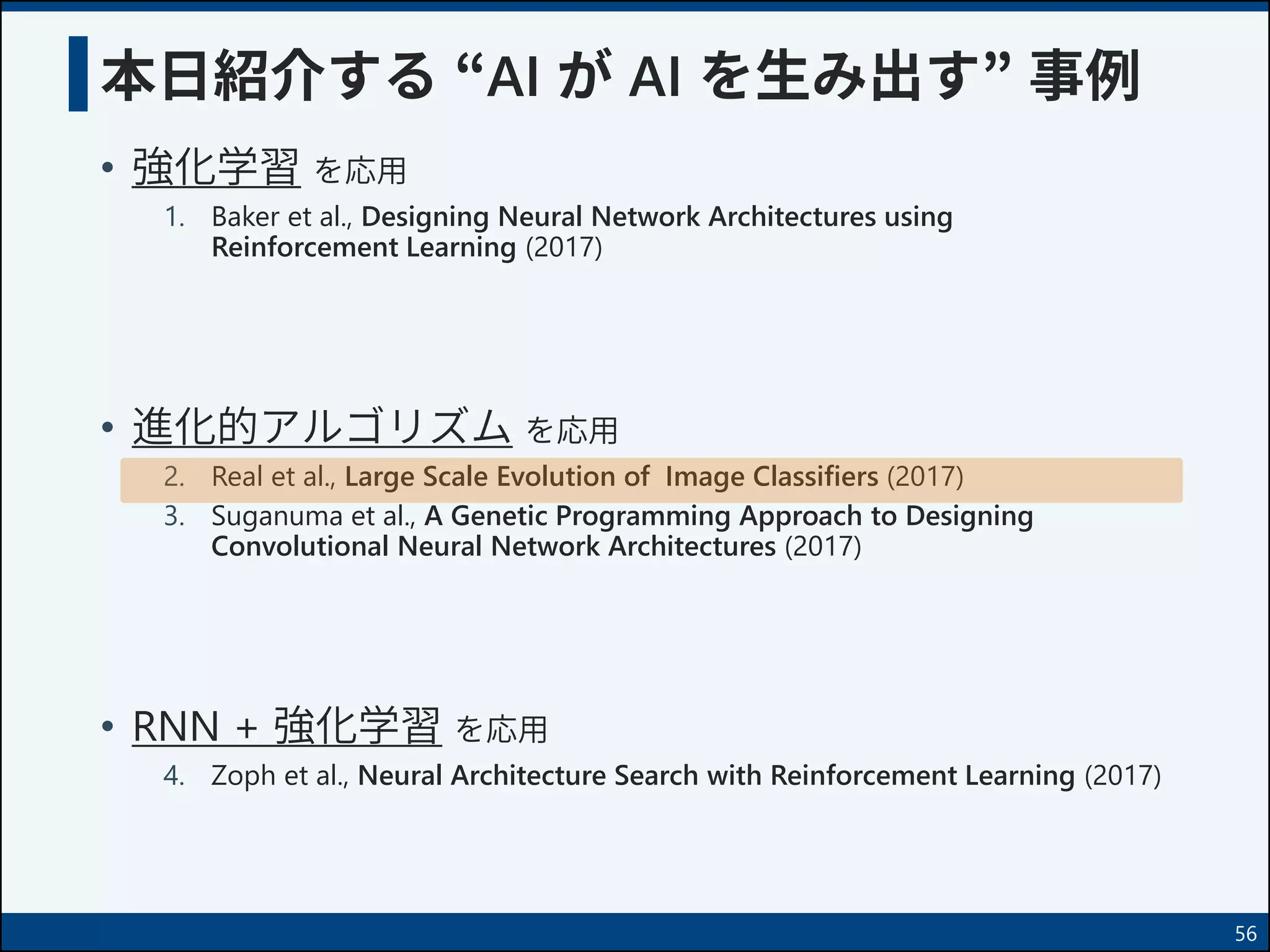 本日紹介する “AI が AI を生み出す” 事例
• 強化学習 を応用
1. Baker et al., Designing Neural Network Architectures using
Reinforcement Learning (2017)
• 進化的アルゴリズム を応用
2. Real et al., Large Scale Evolution of Image Classifiers (2017)
3. Suganuma et al., A Genetic Programming Approach to Designing
Convolutional Neural Network Architectures (2017)
• RNN + 強化学習 を応用
4. Zoph et al., Neural Architecture Search with Reinforcement Learning (2017)
56
 