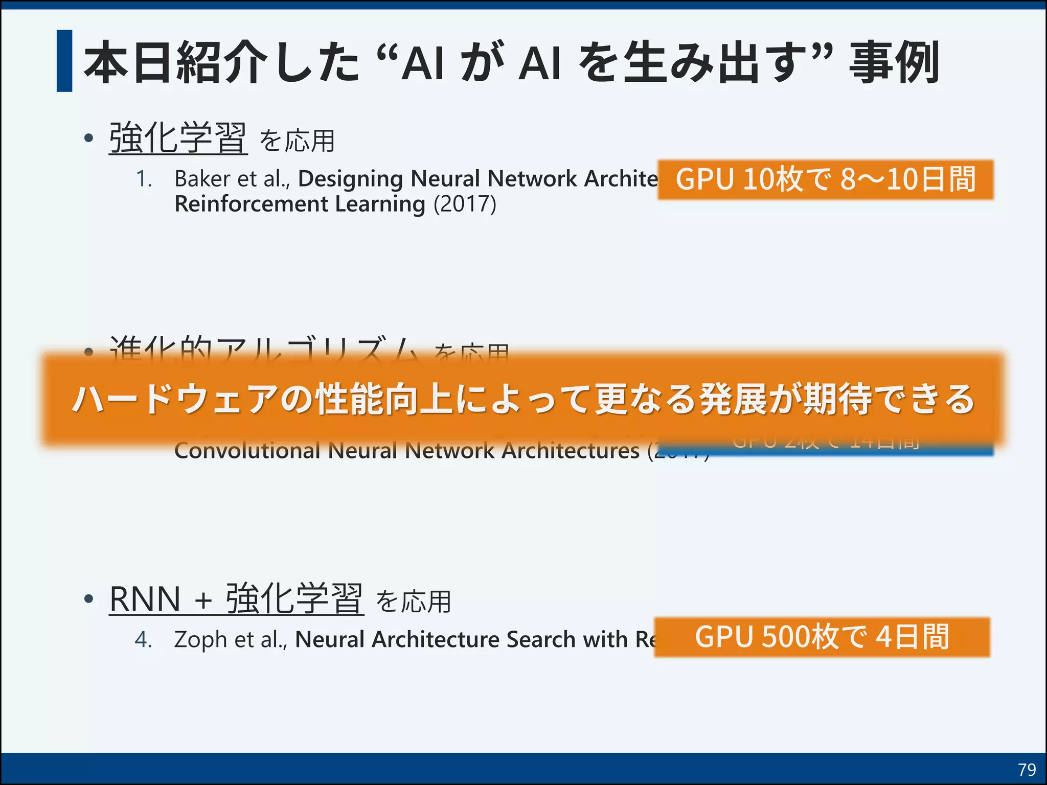 本日紹介した “AI が AI を生み出す” 事例
• 強化学習 を応用
1. Baker et al., Designing Neural Network Architectures using
Reinforcement Learning (2017)
• 進化的アルゴリズム を応用
2. Real et al., Large Scale Evolution of Image Classifiers (2017)
3. Suganuma et al., A Genetic Programming Approach to Designing
Convolutional Neural Network Architectures (2017)
• RNN + 強化学習 を応用
4. Zoph et al., Neural Architecture Search with Reinforcement Learning (2017)
79
GPU 800枚で 28日間
GPU 500枚で 4日間
GPU 10枚で 8～10日間
GPU 2枚で 14日間
ハードウェアの性能向上によって更なる発展が期待できる
 