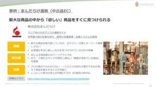 お問合わせ先： シルバーエッグ・テクノロジー株式会社 Tel: 06-6386-1931 (Osaka) / 03-5357-1255 (Tokyo) / E-mail: inquiry@silveregg.co.jp / URL: https://www.silveregg.co.jp Copyright © Silver Egg Technology CO., Ltd. All Rights Reserved
事例：まんだらけ通販（中古品EC）
膨大な商品の中から「欲しい」商品をすぐに見つけられる
株式会社まんだらけ
マニア向け中古グッズの通販サイト
世界最大級の在庫を持ち、独特な在庫管理・流通システムを使用
• 膨大な商品を取り扱っているが、カテゴリー分類とキーワード検索
しかない
• お客様が本当に欲しいものを見つけられているのか不明確
解決策
効果
課題
• AIによる商品提示のパーソナライズ化
• AIで、人間のスタッフが想定し得ない「顧客の求めている商品」
を提案
• プロの視点でもわからない、一人ひとりの好みの繋がりをAIが捉
えて商品を提示することが可能に
• レコメンド部分の売上が月額2千万円（EC販売の約5％）
https://www.silveregg.co.jp/archives/casestudy/mandarake
詳細はこちら
17
 