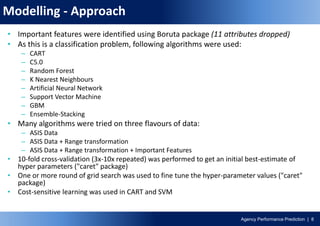 Agency Performance Prediction | 8
Modelling - Approach
• Important features were identified using Boruta package (11 attributes dropped)
• As this is a classification problem, following algorithms were used:
– CART
– C5.0
– Random Forest
– K Nearest Neighbours
– Artificial Neural Network
– Support Vector Machine
– GBM
– Ensemble-Stacking
• Many algorithms were tried on three flavours of data:
– ASIS Data
– ASIS Data + Range transformation
– ASIS Data + Range transformation + Important Features
• 10-fold cross-validation (3x-10x repeated) was performed to get an initial best-estimate of
hyper parameters ("caret" package)
• One or more round of grid search was used to fine tune the hyper-parameter values ("caret"
package)
• Cost-sensitive learning was used in CART and SVM
 