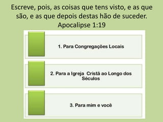 Escreve, pois, as coisas que tens visto, e as que
são, e as que depois destas hão de suceder.
Apocalipse 1:19
 