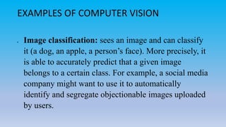 EXAMPLES OF COMPUTER VISION
 Image classification: sees an image and can classify
it (a dog, an apple, a person’s face). More precisely, it
is able to accurately predict that a given image
belongs to a certain class. For example, a social media
company might want to use it to automatically
identify and segregate objectionable images uploaded
by users.
 