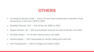 OTHERS
➢ Christopher Garand, FCAS :: Senior VP and Chief Underwriter of GenRe’s Finite
Reinsurance in US from 1994 to 2005
➢ Elizabeth Monrad, CPA :: CFO of Gen Re 2000 to 2003
➢ Robert Graham, JD :: SVP and Assistant General Counsel at GenRe until 2005
➢ Christian Milton :: VP of AIG’s Reinsurance until 2005
➢ Richard Napier :: SVP responsible for GenRe relationship with AIG
➢ John Houldsworth :: CEO of Cologne Re Dublin (CRD)
 