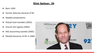 Eliot Spitzer, JD
❖ Born 1959
❖ Former Attorney General of NY
❖ Notable prosecutions:
❖ Mutual fund scandals (2003)
❖ Insurer bid rigging (2004)
❖ AIG accounting scandal (2005)
❖ Elected Governor of NY in 2006
 