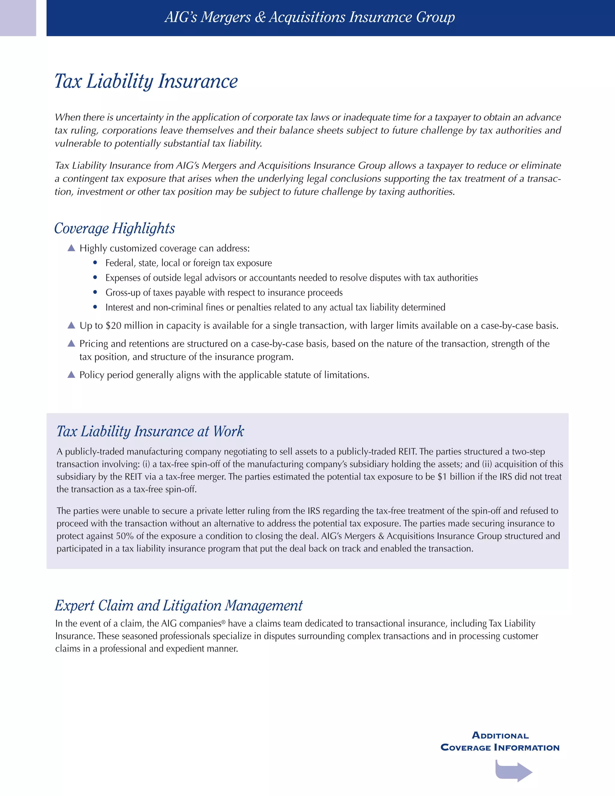 Aig S Mergers Acquisitions Insurance Group Tax Liability Insurance When |  PDF