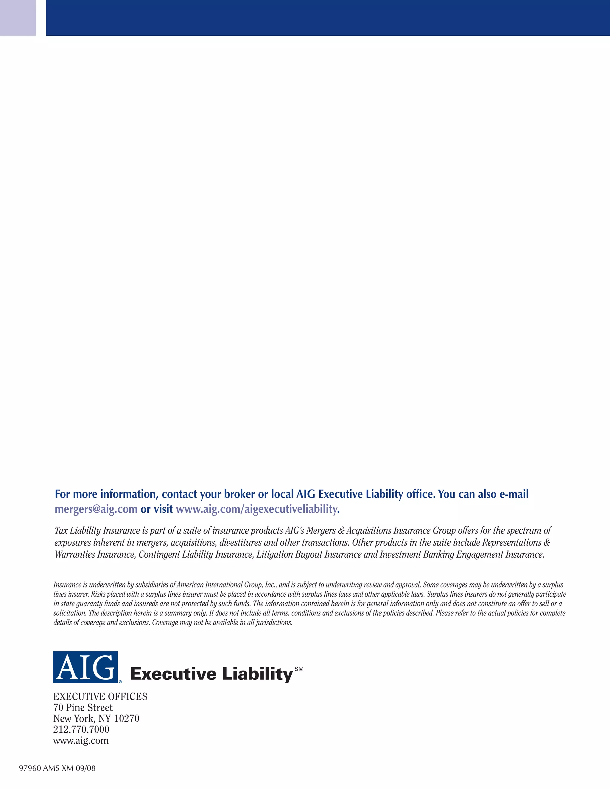 Aig S Mergers Acquisitions Insurance Group Tax Liability Insurance When |  PDF