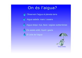 On és l'aigua?
Aigua salada: mars i oceans
Els estats sòlid, líquid i gasós
Observem l'aigua al planeta terra
Aigua dolça:...