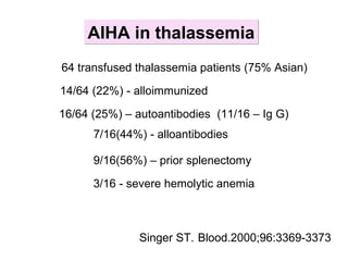AIHA in thalassemiaAIHA in thalassemia
Singer ST. Blood.2000;96:3369-3373
16/64 (25%) – autoantibodies (11/16 – Ig G)
7/16(44%) - alloantibodies
9/16(56%) – prior splenectomy
64 transfused thalassemia patients (75% Asian)
14/64 (22%) - alloimmunized
3/16 - severe hemolytic anemia
 