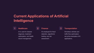 Current Applications of Artificial
Intelligence
1 Healthcare
AI is used for disease
diagnosis, treatment
optimization, and health
record management.
2 Finance
It's employed for fraud
detection, algorithmic
trading, and risk
assessment.
3 Transportation
Driverless vehicles and
traffic flow optimization
are prime examples of AI
applications.
 