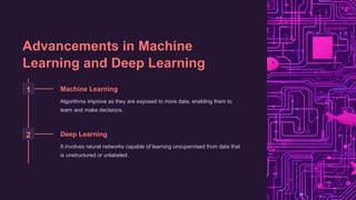 Advancements in Machine
Learning and Deep Learning
1 Machine Learning
Algorithms improve as they are exposed to more data, enabling them to
learn and make decisions.
2 Deep Learning
It involves neural networks capable of learning unsupervised from data that
is unstructured or unlabeled.
 