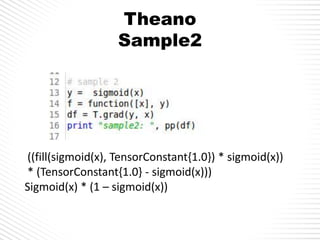 Theano
Sample3
(((fill(sigmoid((x * w)), TensorConstant{1.0}) *
sigmoid((x * w))) * (TensorConstant{1.0} - sigmoid((x *
w)...