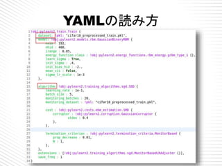 Pylearn2の一般的な使い方
• YAMLの作成
• train.py実行
• 評価・変更
– show_weights.py --out=weights.png
xxx.pkl
– print_monitor.py xxx.pkl | g...