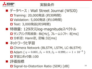  データベース：Wall Street Journal (WSJ0)
 Training: 20,000発話 (約30時間)
 Validation: 5,000発話 (約10時間)
 Test: 3,000発話(約5時間)
 特徴量: 129次元log-magnitudeスペクトル
 サンプリング周波数: 8k[Hz], フレームシフト: 8[ms]
 分析窓: Hann窓, 窓幅:32[ms]
 ネットワークと学習
 Chimera Network (BLSTM, LSTM, LC-BLSTM)
 Adam ( )
 学習エポック数:100
 評価指標
 Signal-to-Distortion Ratio (SDR) [dB] 14
実験条件
 
