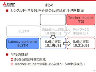  シングルチャネル音声分離の低遅延化手法を提案
18
まとめ
Latency-controlled
BLSTM
Teacher-student
学習
BLSTM
発話長以上遅延
10.99[dB]
0.6[s]遅延
10.19[dB]
0.6[s]遅延
10.31[dB]
 今後の課題
 さらなる遅延時間の削減
 Teacher-student学習によるネットワークの小規模化？
ネットワークの
小規模化？
 