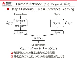  Deep Clustering + Mask Inference Learning
 分離時にはMIで推定されたマスクを使用
 汎化能力の向上によって、分離性精度が向上する
7
Chimera Network [Z.-Q. Wang et al., 2018]
BLSTMs
Linear
Sigmoid
Masks
Spectrogram
Linear
Sigmoid
+
Unit-norm
Embeddings
 