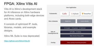 FPGA: Xilinx Vitis AI
Vitis AI is Xilinx’s development stack
for AI inference on Xilinx hardware
platforms, including both edge devices
and Alveo cards.
It consists of optimized IP, tools,
libraries, models, and example
designs.
Xilinx ML Suite is now deprecated.
https://github.com/Xilinx/Vitis-AI
 