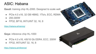 ASIC: Habana
Gaudi: training chip HL-2000. Designed to scale well.
● PCIe 4.0 x16, 32 GB HBM2, 1Tb/s, ECC, RDMA
● 200-300W
● FP32, BF16, INT/UINT 32, 16, 8
https://habana.ai/training/
Goya: inference chip HL-1000
● PCIe 4.0 x16, 4/8/16 Gb DDR4, ECC, 200W
● FP32, INT/UINT 32, 16, 8
https://habana.ai/inference/
 