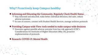 Why? Proactively keep Campus healthy
● Informing and Educating the Community, Regularly Check Health Status:
○ Stay inform...