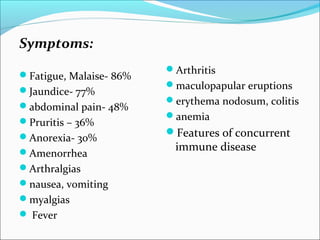 Symptoms:
Fatigue, Malaise- 86%
Jaundice- 77%
abdominal pain- 48%
Pruritis – 36%
Anorexia- 30%
Amenorrhea
Arthralgias
nausea, vomiting
myalgias
 Fever
Arthritis
maculopapular eruptions
erythema nodosum, colitis
anemia
Features of concurrent
immune disease
 