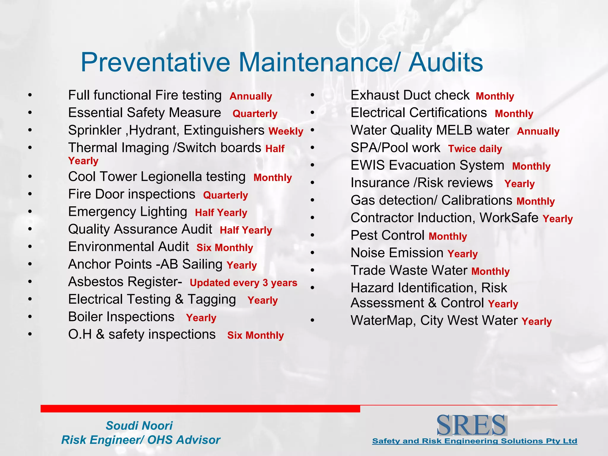 Full functional Fire testing  Annually Essential Safety Measure  Quarterly Sprinkler ,Hydrant, Extinguishers  Weekly Thermal Imaging /Switch boards  Half Yearly Cool Tower Legionella testing  Monthly Fire Door inspections  Quarterly Emergency Lighting  Half Yearly Quality Assurance Audit  Half Yearly Environmental Audit  Six Monthly Anchor Points -AB Sailing  Yearly Asbestos Register-  Updated every 3 years Electrical Testing & Tagging  Yearly Boiler Inspections  Yearly O.H & safety inspections  Six Monthly Exhaust Duct check   Monthly Electrical Certifications  Monthly Water Quality MELB water  Annually SPA/Pool work  Twice daily EWIS Evacuation System  Monthly Insurance /Risk reviews  Yearly Gas detection/ Calibrations  Monthly Contractor Induction, WorkSafe  Yearly Pest Control  Monthly Noise Emission  Yearly Trade Waste Water  Monthly Hazard Identification, Risk Assessment & Control  Yearly WaterMap, City West Water  Yearly Preventative Maintenance/ Audits 