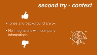 second try - context
• Tones and background are ok
• No integrations with company
informations
 