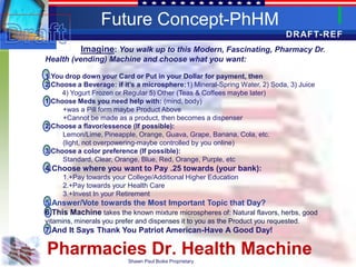Future Concept-PhHM
                                                                              DRAFT-REF
           Imagine: You walk up to this Modern, Fascinating, Pharmacy Dr.
Health (vending) Machine and choose what you want:

1.You drop down your Card or Put in your Dollar for payment, then
2.Choose a Beverage: if it’s a microsphere:1) Mineral-Spring Water, 2) Soda, 3) Juice
     4) Yogurt Frozen or Regular 5) Other (Teas & Coffees maybe later)
1.Choose Meds you need help with: (mind, body)
     +was a Pill form maybe Product Above
     +Cannot be made as a product, then becomes a dispenser
2.Choose a flavor/essence (If possible):
     Lemon/Lime, Pineapple, Orange, Guava, Grape, Banana, Cola, etc.
     (light, not overpowering-maybe controlled by you online)
3.Choose a color preference (If possible):
     Standard, Clear, Orange, Blue, Red, Orange, Purple, etc
4.Choose where you want to Pay .25 towards (your bank):
     1.+Pay towards your College/Additional Higher Education
     2.+Pay towards your Health Care
     3.+Invest In your Retirement
5.Answer/Vote towards the Most Important Topic that Day?
6.This Machine takes the known mixture microspheres of: Natural flavors, herbs, good
vitamins, minerals you prefer and dispenses it to you as the Product you requested.
7.And It Says Thank You Patriot American-Have A Good Day!

Pharmacies Dr. Health Machine
                           Shawn Paul Boike Proprietary
 