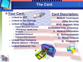 The Card

Your Card:                           Card Description:
     Linked to SSC                       Multi-ID Techniques
     Linked to Tax Savings                    (Ultra Security)
     Linked to Your Bank                 RFID, Magnetic Strip
        Higher Education Account
                                    Embedded Chip w/memory:
        “Well Being” Health Care
         Account                       1) Medical Information
        Retirement Account               2) Retinal Analysis
        Personal Debt Account
                                           3) Blood Analysis
     Linked Your Company                     4) Financial ID
      Shares (Above + $Value)
     Linked Online-for You
 