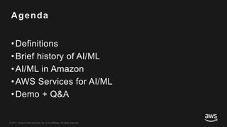 © 2017, Amazon Web Services, Inc. or its Affiliates. All rights reserved.
Agenda
•Definitions
•Brief history of AI/ML
•AI/ML in Amazon
•AWS Services for AI/ML
•Demo + Q&A
 