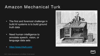 © 2017, Amazon Web Services, Inc. or its Affiliates. All rights reserved.
Amazon Mechanical Turk
• The first and foremost challenge in
build AI systems is to build ground
truth data
• Need human intelligence to
annotate speech, vision, or
language data sets
• https://www.mturk.com/
 