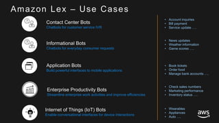 © 2017, Amazon Web Services, Inc. or its Affiliates. All rights reserved.
Amazon Lex – Use Cases
Informational Bots
Chatbots for everyday consumer requests
Application Bots
Build powerful interfaces to mobile applications
• News updates
• Weather information
• Game scores ….
• Book tickets
• Order food
• Manage bank accounts ….
Enterprise Productivity Bots
Streamline enterprise work activities and improve efficiencies
• Check sales numbers
• Marketing performance
• Inventory status ….
Internet of Things (IoT) Bots
Enable conversational interfaces for device interactions
• Wearables
• Appliances
• Auto ….
Contact Center Bots
Chatbots for customer service IVR
• Account inquiries
• Bill payment
• Service update ….
 