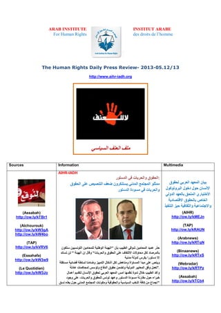 ARAB INSTITUTE
For Human Rights
INSTITUT ARABE
des droits de l’homme
The Human Rights Daily Press Review- 2013-05.12/13
http://www.aihr-iadh.org
‫اﻟﺴﯿﺎﺳﻲ‬ ‫اﻟﻌﻨﻒ‬ ‫ﻣﻠﻒ‬
Sources Information Multimedia
(Assabah)
http://ow.ly/kTBr1
(Alchourouk)
http://ow.ly/kW3gA
http://ow.ly/kW4bo
(TAP)
http://ow.ly/kVRV6
(Essahafa)
http://ow.ly/kW3w9
(Le Quotidien)
http://ow.ly/kW3Jo
AIHR-IADH
‫اﻟﺤﻘﻮق‬‫واﻟﺤﺮﯾﺎت‬‫ﻓﻲ‬‫اﻟﺪﺳﺘﻮر‬ :
‫ﻣﻤﺜﻠﻮ‬‫اﻟﻤﺠﺘﻤﻊ‬‫اﻟﻤﺪﻧﻲ‬‫ﯾﺴﺘﻨﻜﺮون‬‫ﺿﻌﻒ‬‫اﻟﺘﻨﺼﯿﺺ‬‫ﻋﻠﻰ‬‫اﻟﺤﻘﻮق‬
‫واﻟﺤﺮﯾﺎت‬‫ﻓﻲ‬‫ﻣﺴﻮدة‬‫اﻟﺪﺳﺘﻮر‬
‫ﺣﺬر‬‫ﻋﻤﯿﺪ‬‫اﻟﻤﺤﺎﻣﯿﻦ‬‫ﺷﻮﻗﻲ‬‫اﻟﻄﺒﯿﺐ‬‫ﺑﺄن‬"‫اﻟﮭﯿﺌﺔ‬‫اﻟﻮطﻨﯿﺔ‬‫ﻟﻠﻤﺤﺎﻣﯿﻦ‬‫اﻟﺘﻮﻧﺴﯿﯿﻦ‬‫ﺳﺘﻜﻮن‬
‫ﺑﺎﻟﻤﺮﺻﺎد‬‫ﻟﻜﻞ‬‫ﻣﺤﺎو‬‫ﻻت‬‫اﻻﻟﺘﻔﺎف‬‫ﻋﻠﻰ‬‫اﻟﺤﻘﻮق‬‫واﻟﺤﺮﯾﺎت‬"‫وﻗﺎل‬‫إن‬‫اﻟﮭﯿﺌﺔ‬"‫ﻟﻦ‬‫ﺗﺴﺎﻧﺪ‬
‫إﻻ‬‫دﺳﺘﻮرا‬‫ﯾﻜﺮس‬‫ﻟﺪوﻟﺔ‬‫ﻣﺪﻧﯿﺔ‬
‫وﯾﻨﺺ‬‫ﻋﻠﻰ‬‫ﻣﺒﺪأ‬‫اﻟﻤﺴﺎواة‬‫وﻣﻨﺎھﺾ‬‫ﻟﻜﻞ‬‫أﺷﻜﺎل‬‫اﻟﺘﻤﯿﯿﺰ‬‫وﺿﺎﻣﻨﺎ‬‫ﻟﺴﻠﻄﺔ‬‫ﻗﻀﺎﺋﯿﺔ‬‫ﻣﺴﺘﻘﻠﺔ‬
‫ﺗﻌﻤﻞ‬‫وﻓﻖ‬‫اﻟﻤﻌﺎﯾﯿﺮ‬‫اﻟﺪوﻟﯿﺔ‬‫وﺗﻀﻤﻦ‬‫ﺣﻘﻮق‬‫اﻟﺪﻓﺎع‬‫وﺗﺆﺳﺲ‬‫ﻟﻤﺤﺎﻛﻤﺎت‬‫ﻋﺎدﻟﺔ‬ ".
‫وأﻛﺪ‬‫اﻟﻄﺒﯿﺐ‬‫ﺧﻼل‬‫ﻧﺪوة‬‫ﻧﻈ‬‫ﻤﮭﺎ‬‫أﻣﺲ‬‫اﻟﻤﻌﮭﺪ‬‫اﻟﻌﺮﺑﻲ‬‫ﻟﺤﻘﻮق‬‫اﻹﻧﺴﺎن‬‫ﻟﺘﻘﺪﯾﻢ‬‫أﻋﻤﺎل‬
‫ﺧﺒﺮاء‬‫ﺣﻮل‬‫ﻣﻘﺎرﻧﺔ‬‫ﻣﺴﻮدة‬‫اﻟﺪﺳﺘﻮر‬‫وﻋﮭﺪ‬‫ﺗﻮﻧﺲ‬‫ﻟﻠﺤﻘﻮق‬،‫واﻟﺤﺮﯾﺎت‬‫ﻋﻠﻰ‬‫وﺟﻮد‬
"‫إﺟﻤﺎع‬‫ﻣﻦ‬‫ﻛﺎﻓﺔ‬‫اﻟﻨﺨﺐ‬‫اﻟﺴﯿﺎﺳﯿﺔ‬‫واﻟﺤﻘﻮﻗﯿﺔ‬‫وﻣﻜﻮﻧﺎت‬‫اﻟﻤﺠﺘﻤﻊ‬‫اﻟﻤﺪﻧﻲ‬‫ﺣﻮل‬‫ﺑﻂء‬‫ﻧﺴﻖ‬
‫ﻟﺤﻘﻮق‬ ‫اﻟﻌﺮﺑﻲ‬ ‫اﻟﻤﻌﮭﺪ‬ ‫ﺑﯿﺎن‬
‫اﻟﺒﺮوﺗﻮﻛﻮل‬ ‫دﺧﻮل‬ ‫ﺣﻮل‬ ‫اﻹﻧﺴﺎن‬
‫اﻟﺪوﻟﻲ‬ ‫ﺑﺎﻟﻌﮭﺪ‬ ‫اﻟﻤﻠﺤﻖ‬ ‫اﻻﺧﺘﯿﺎري‬
‫اﻻﻗﺘﺼﺎدﯾﺔ‬ ‫ﺑﺎﻟﺤﻘﻮق‬ ‫اﻟﺨﺎص‬
‫اﻟﺘﻨﻔﯿﺬ‬ ‫ﺣﯿﺰ‬ ‫واﻟﺜﻘﺎﻓﯿﺔ‬ ‫واﻻﺟﺘﻤﺎﻋﯿﺔ‬
(AIHR)
http://ow.ly/kMEJn
(TAP)
http://ow.ly/kRAUN
(Arabnews)
http://ow.ly/kRTqN
(Binaanews)
http://ow.ly/kRTxS
(Webradar)
http://ow.ly/kRTPz
(Assabah)
http://ow.ly/kTCb4
 