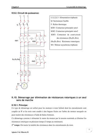 Chapitre3 Les procédés de démarrage
Sghaier.N & Mbarek.M
32
II.9.2. Circuit de puissance:
II.10. Démarrage par élimination de résistances rotoriques à un seul
sens de marche
II.10.1. Principe:
Ce type de démarrage est utilisé pour les moteurs à rotor bobiné dont les enroulements sont
couplés en Y et les trois sont soudés à des bagues fixées sur l'arbre du moteur auxquels on
peut insérer des résistances à l'aide de balais frotteurs.
Ce démarrage consiste à alimenter le stator du moteur par la tension nominale et éliminer les
résistances rotoriques en plusieurs temps (3 temps au minimum).
1er
temps: On insère la totalité des résistances dans les enroulements du rotor.
F
1/L1 3/L2 5/L3
2/T1 4/T2 6/T3
KM1
5/L3
6/T3
3/L21/L1
2/T1 4/T2
KM3
5/L3
6/T3
3/L21/L1
2/T1 4/T2
M1
M
3 ~
U V W
Q
5
6
31
2 4
(Ru,Rv,Rw)
1 3 5
2 4 6
KM2
5/L3
6/T3
3/L21/L1
2/T1 4/T2
L1 L2 L3
L1,L2,L3: Alimentation triphasée
Q: Sectionneur fusible
F: Relais thermique
KM1: Contacteur principale sens1
KM2: Contacteur principale sens2
KM3: Contacteur de court-circuit
des résistances (Ru,Rv,Rw).
(Ru,Rv,Rw): Résistance statoriques
M1: Moteur asynchrone triphasée
 