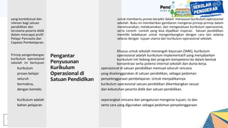 DRAFT - UNTUK INTERNAL TIDAK
UNTUK DISEBARLUASKAN
yang kontekstual dan
relevan bagi satuan
pendidikan dan
terutama peserta didik
dalam mencapai profil
Pelajar Pancasila dan
Capaian Pembelajaran.
Prinsip pengembangan
kurikulum operasional
sekolah ini bertujuan
untuk membantu proses berpikir dalam menyusun kurikulum operasional
sekolah. Buku ini memberikan gambaran mengenai prinsip-prinsip dalam
merencanakan, melaksanakan, dan mengevaluasi kurikulum operasional,
serta contoh- contoh yang bisa dijadikan inspirasi. Satuan pendidikan
memiliki kebebasan untuk mengembangkan dengan cara lain selama
selaras dengan tujuan utama dari kurikulum operasional sekolah.
Khusus untuk sekolah menengah kejuruan (SMK), kurikulum
operasional adalah kurikulum implementatif yang menjabarkan
kurikulum inti bidang dan program kompetensi ke dalam bentuk
konsentrasi serta potensi internal sekolah dan dunia kerja.
Kurikulum operasional di satuan pendidikan memuat seluruh rencana
proses belajar yang diselenggarakan di satuan pendidikan, sebagai pedoman
seluruh penyelenggaraan pembelajaran. Untuk menjadikannya
bermakna, kurikulum operasional satuan pendidikan dikembangkan sesuai
dengan konteks dan kebutuhan peserta didik dan satuan pendidikan.
Kurikulum adalah seperangkat rencana dan pengaturan mengenai tujuan, isi dan
bahan pelajaran serta cara yang digunakan sebagai pedoman penyelenggaraan
Pengantar
Penyusunan
Kurikulum
Operasional di
Satuan Pendidikan
 