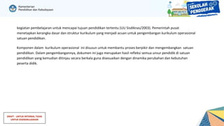 DRAFT - UNTUK INTERNAL TIDAK
UNTUK DISEBARLUASKAN
kegiatan pembelajaran untuk mencapai tujuan pendidikan tertentu (UU Sisdiknas/2003). Pemerintah pusat
menetapkan kerangka dasar dan struktur kurikulum yang menjadi acuan untuk pengembangan kurikulum operasional
satuan pendidikan.
Komponen dalam kurikulum operasional ini disusun untuk membantu proses berpikir dan mengembangkan satuan
pendidikan. Dalam pengembangannya, dokumen ini juga merupakan hasil refleksi semua unsur pendidik di satuan
pendidikan yang kemudian ditinjau secara berkala guna disesuaikan dengan dinamika perubahan dan kebutuhan
peserta didik.
 