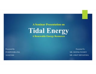 A Seminar Presentation on
Tidal Energy
A Renewable Energy Resources
Presented By: Presented To:
PUSHPENDRA PAL MR. DEEPAK PANDEY
1616421044 MR. ANKIT SRIVASTAVA
 