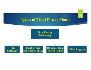 Types of Tidal Power Plants
10
Tidal Energy
Technology
Tidal
barrages
Tidal stream
generator (TSG)
Dynamic tidal
power (DTP)
Tidal Lagoon
 
