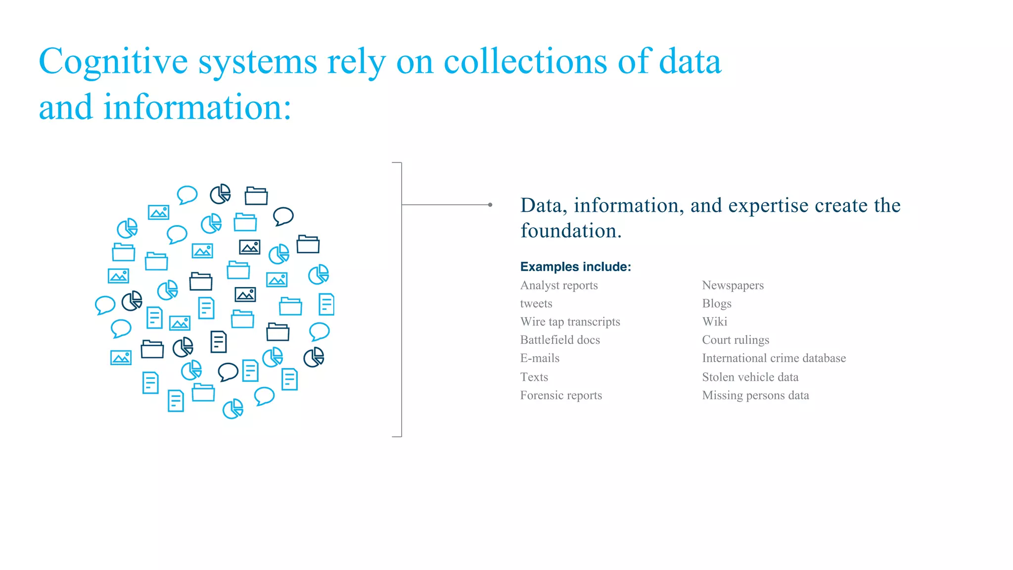 Examples include:
Analyst reports
tweets
Wire tap transcripts
Battlefield docs
E-mails
Texts
Forensic reports
Newspapers
Blogs
Wiki
Court rulings
International crime database
Stolen vehicle data
Missing persons data
Data, information, and expertise create the
foundation.
Cognitive systems rely on collections of data
and information:
 