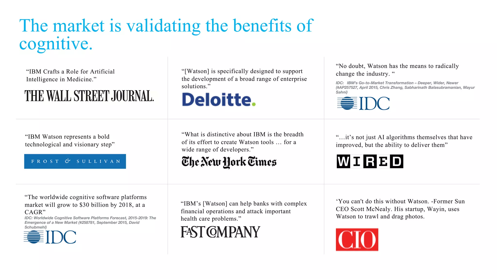 The market is validating the benefits of
cognitive.
“IBM Crafts a Role for Artificial
Intelligence in Medicine.”
“IBM Watson represents a bold
technological and visionary step”
“What is distinctive about IBM is the breadth
of its effort to create Watson tools … for a
wide range of developers.”
‘You can't do this without Watson. -Former Sun
CEO Scott McNealy. His startup, Wayin, uses
Watson to trawl and drag photos.
“The worldwide cognitive software platforms
market will grow to $30 billion by 2018, at a
CAGR”
IDC: Worldwide Cognitive Software Platforms Forecast, 2015-2019: The
Emergence of a New Market (#258781, September 2015, David
Schubmehl)
“[Watson] is specifically designed to support
the development of a broad range of enterprise
solutions.”
“No doubt, Watson has the means to radically
change the industry. “
IDC: IBM’s Go-to-Market Transformation – Deeper, Wider, Newer
(#AP257527, April 2015, Chris Zhang, Sabharinath Balasubramanian, Mayur
Sahni)
“IBM’s [Watson] can help banks with complex
financial operations and attack important
health care problems.”
“…it’s not just AI algorithms themselves that have
improved, but the ability to deliver them”
 