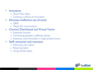 Innovation Share New ideas Creating a culture of innovation  Eliminate ineffective use of email Q&A ‘ Reply All’ conversations Connect Distributed and Virtual Teams Expertise location Connecting people in different places Improves communication in large project teams Staff: attraction and retention Attracting new talent Retaining talent Using retired talent 